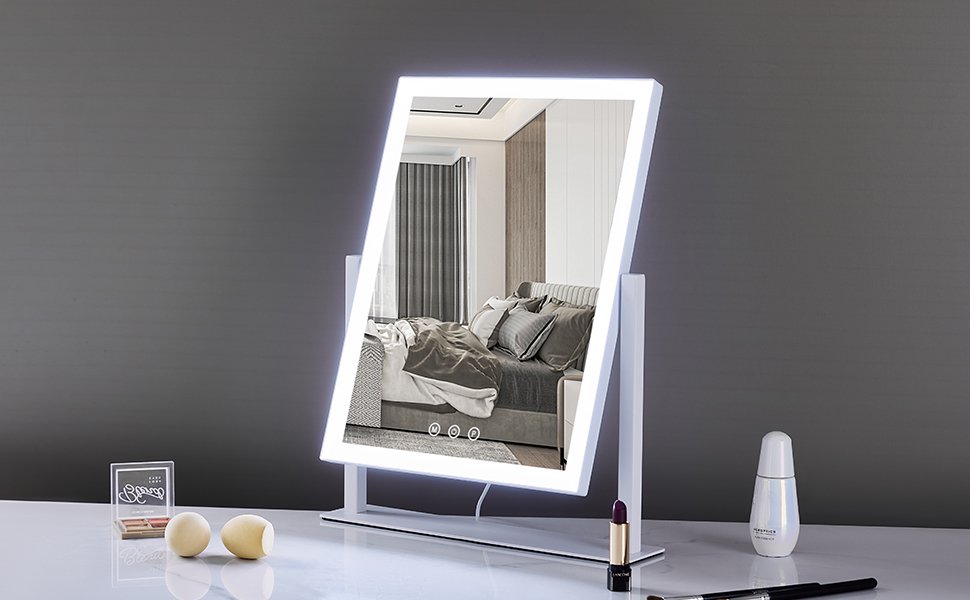vanity desk with mirror and lights