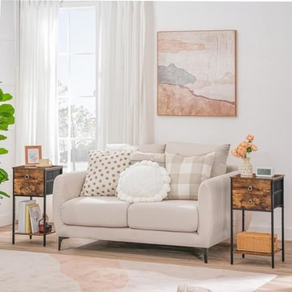 412m6HHDVDL._AC_UY879 End Table with 2 Fabric Drawers and Storage Shelf, Industrial Nightstand, 23.6 Inch Tall Side Table, Bedside Table for Living Room Bedroom, Rustic Brown and Black BF106BZ01