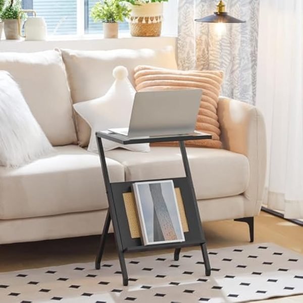 41BL6ioVCtL._AC_UY879 Rattan Side Table, Z Shaped End Table with Magazine Rack, Mid Century Bedside Table with Tempered Glass Top for Sofa Couch, Living Room, Bedroom and Small Spaces, Black BK09SF01