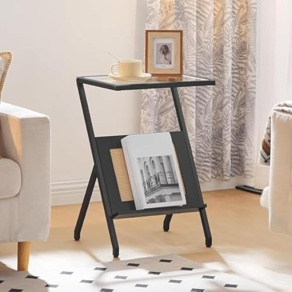 41MII938jBL._AC_UY879 Rattan Side Table, Z Shaped End Table with Magazine Rack, Mid Century Bedside Table with Tempered Glass Top for Sofa Couch, Living Room, Bedroom and Small Spaces, Black BK09SF01