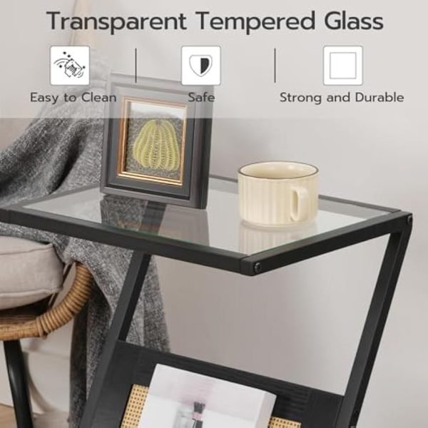 41YNWhZ6sgL._AC_UY879 Rattan Side Table, Z Shaped End Table with Magazine Rack, Mid Century Bedside Table with Tempered Glass Top for Sofa Couch, Living Room, Bedroom and Small Spaces, Black BK09SF01