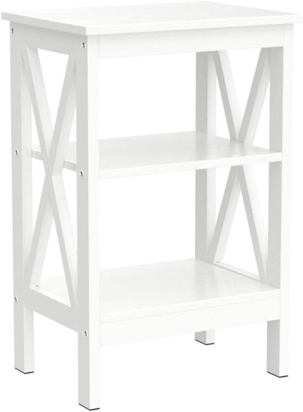 Nightstand Sofa Side Table with 3-Tier Storage Shelf for Living Room, Bedroom, Stable Steel Frame, Easy Assembly, End, White