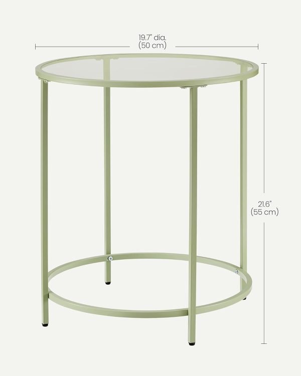 Round Side Table, Glass End Table with Metal Frame, Laurel Green Coffee Table with Modern Style, for Living Room, Balcony, Bedroom, Laurel Green