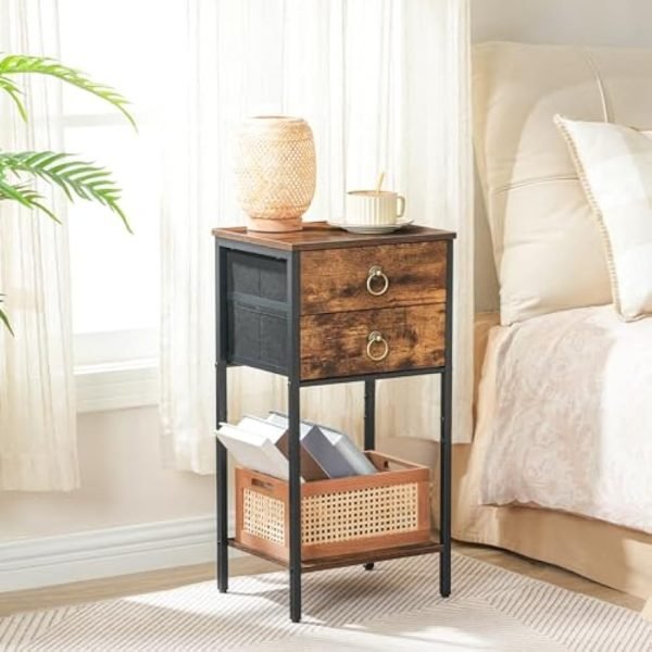 51DFnATymHL._AC_UY879 End Table with 2 Fabric Drawers and Storage Shelf, Industrial Nightstand, 23.6 Inch Tall Side Table, Bedside Table for Living Room Bedroom, Rustic Brown and Black BF106BZ01