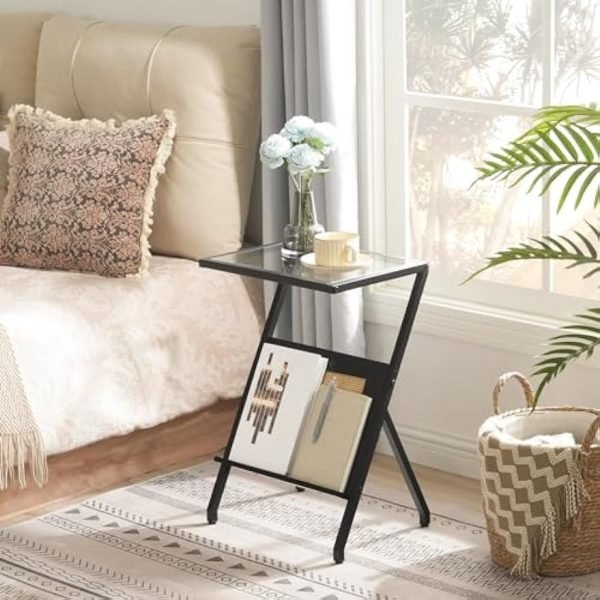51JKo0p5vvL._AC_UY879 Rattan Side Table, Z Shaped End Table with Magazine Rack, Mid Century Bedside Table with Tempered Glass Top for Sofa Couch, Living Room, Bedroom and Small Spaces, Black BK09SF01