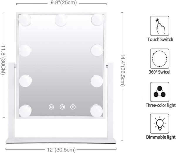Vanity Mirror with Lights,Lighted Vanity Mirror with 9 Dimmable Bulbs for Dressing Room & Bedroom,3 Color Lighting,Modes Detachable 10x Magnification 360°Ratation(White)