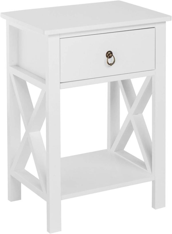 White bedside table, small bedside table with drawers and shelves, farmhouse bedside table bedroom, coffee table, bedside table, white side table with rustic handles, suitable for small spaces, dormitories, children's room, living room