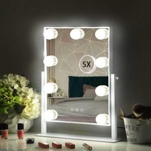 Hollywood Vanity Mirror with 9 Dimmable Bulbs Lights, Three Color Lighting Modes, and 5X Magnification, Smart Touch Control, 360°Rotation (White,Gift Box)