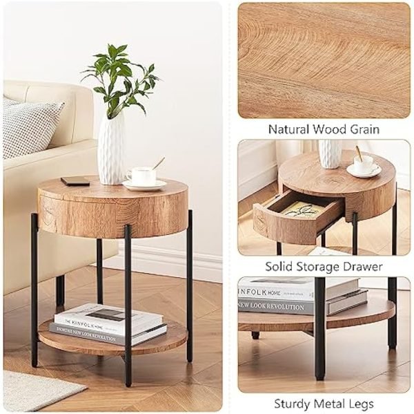 Round End Table Wood Side Table with Drawer Farmhouse Circle End Tables Accent Bedside Table Metal Frame Small Nightstand for Living Room, Bedroom and Small Spaces, Easy Assembly (Natural)