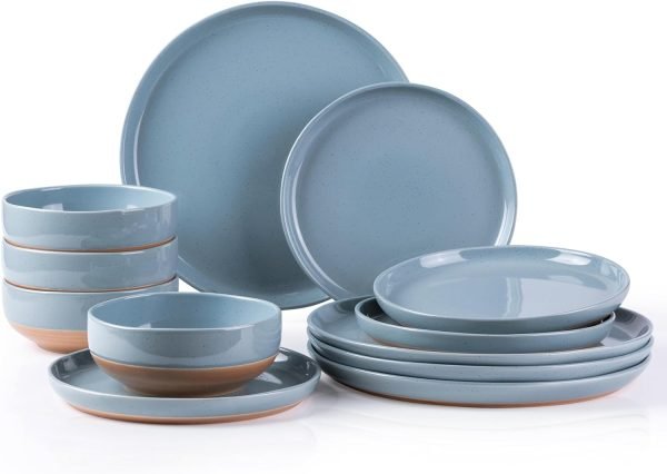 Stoneware Dinnerware Sets for 4, 12 Pieces Handpainted Plates and Bowls Set with Wavy Rim, Chip and Scratch Resistant Dishes set, Dishwasher & Microwave Safe, Royal Blue