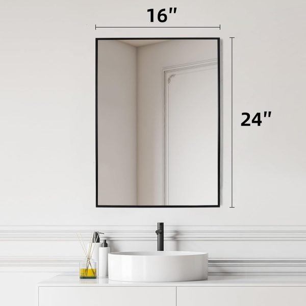 Black Bathroom Vanity Mirror for Wall, 16X24 Inch Aluminum Framed Wall Mirror Rectangle, Modern Square Corner Bathroom Vanity Mirror for Bedroom, Living Room, Hangs Horizontally or Vertically