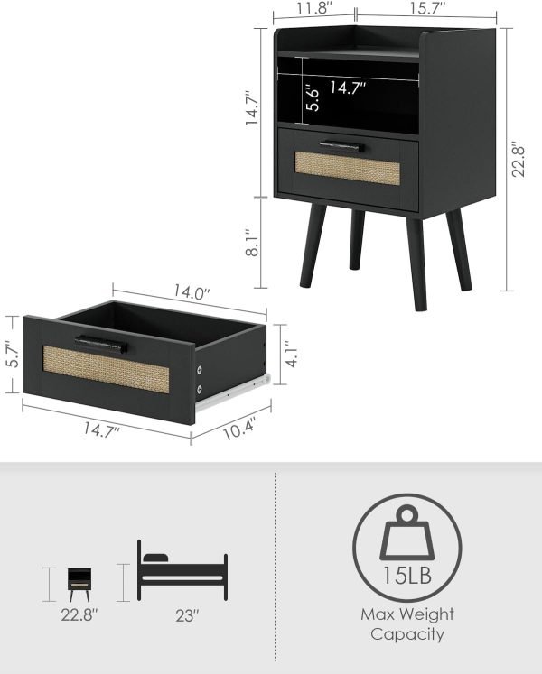 612ngapqs6L._AC_SL1500 Nightstand,Boho Bedside Table,Black Night Stand with Rattan Decorated Drawers,Bedside Furniture, Wood End Table for Bedroom,Living Room,Natural