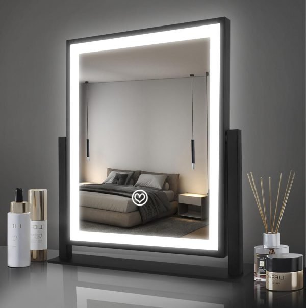 614USBsCGZL._AC_SL1500 Vanity Mirror with Lights,16"×14" Makeup Mirror with Light Smart Touch Control Dimmable 3 Modes Lighted LED Mirror 360°Rotation Black