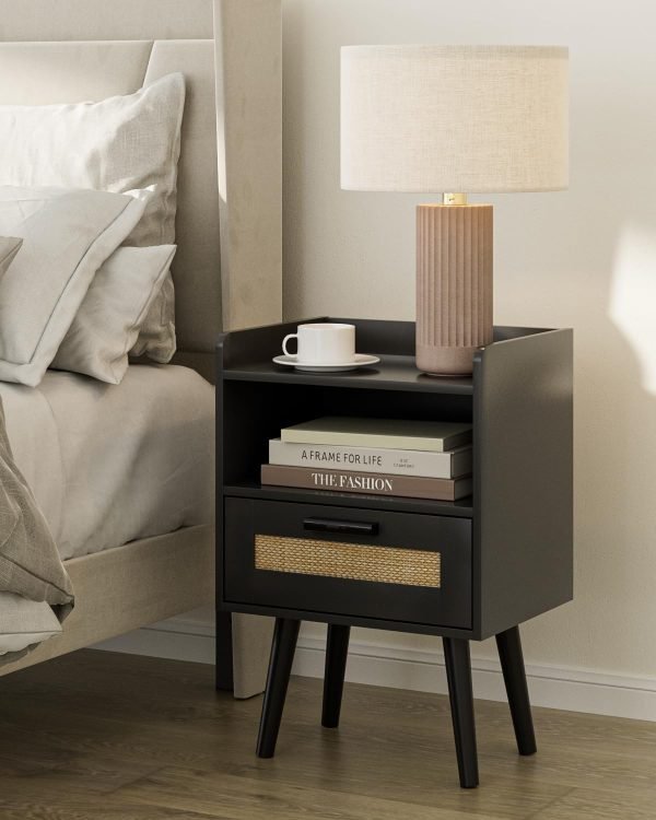 616hpgXFZzL._AC_SL1500 Nightstand,Boho Bedside Table,Black Night Stand with Rattan Decorated Drawers,Bedside Furniture, Wood End Table for Bedroom,Living Room,Natural