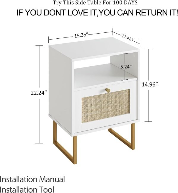 Rattan Nightstand,Modern Boho Farmhouse Wood Bedside Table with Storage Drawer and Open Shelf,Small Gold Frame Side End Table for Bedroom,Living Room,Office(White)