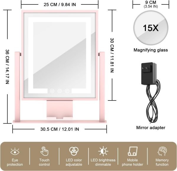 Vanity Mirror with Lights, 15X Magnification 360 Rotation Makeup Mirror with Lights, Hollywood Mirror with Detachable 3 Color Modes, Smart Touch Control and Phone Holder,Pink