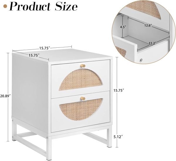 Rattan Nightstand, End Side Table with 2 Rattan Drawers, Wood Square Bedside Table with Storage, Accent Sofa Table for Home Office Living Room Bedroom, White