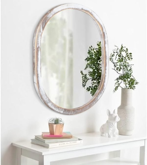 Large Oval Wood Mirror 26 x 18 Inch, Wall Framed Bathroom Mirror for Vanity Farmhouse Rustic White Mirror for Vanity Living Room Entryway Bedroom