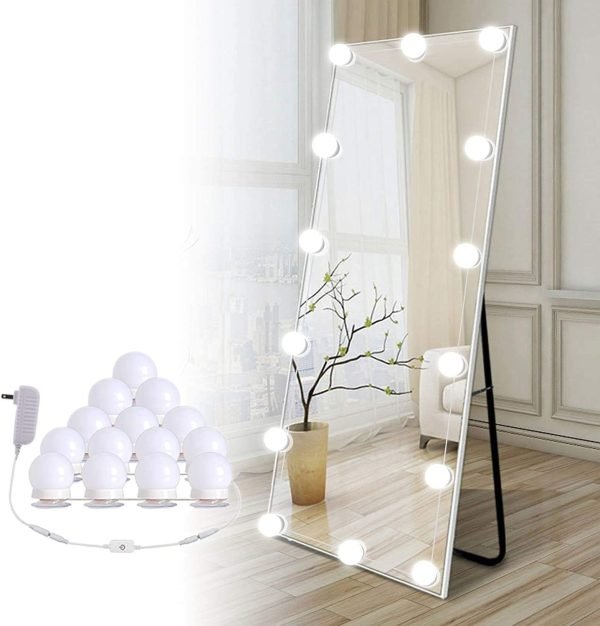 61FrclFXQ3L._AC_SL1500 Hollywood Style Led Vanity Mirror Lights Kit - Vanity Lights Have 10 Dimmable Light Bulbs for Makeup Dressing Table and Power Supply Plug in Lighting Fixture Strip, White (No Mirror Included)