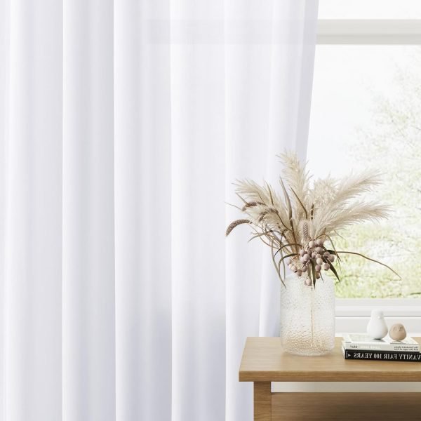 Pure White Linen Curtains 90 Inch Length for Living Room Bedroom 2 Panels Set Rod Pocket Light Filtering Semi Sheer Window Curtains 52 Inch Width Boho Farmhouse Linen Drapes, W52xL90