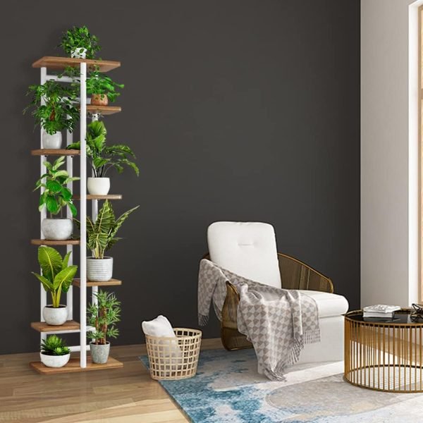 61JQ6ZyamtL._AC_SL1000 Plant Stand, Multiple Flower Pot Holder Shelf, Wood and Metal Tall Plant Display Rack Storage Organizer for Indoor, Outdoor, Garden, Patio, Balcony(8 Tier 9 Potted)