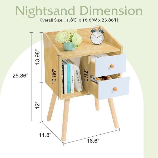 61LLjPUwpbL._AC_SL1500 Small Nightstand, Bedside Table with 2 Drawers Mid Century Modern Nightstand Natural Wood End Table Side Table for Bedroom