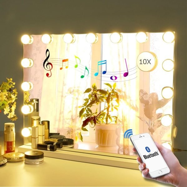 61MZ1zZpiBL._AC_SL1000 Vanity Mirror Makeup Mirror with Lights,10X Lens,22.8"x 18.1" Hollywood Lighted Vanity Mirror with 15 Dimmable LED Bulbs,3 Color Modes,Touch Control for Bedroom,Tabletop or Wall-Mounted