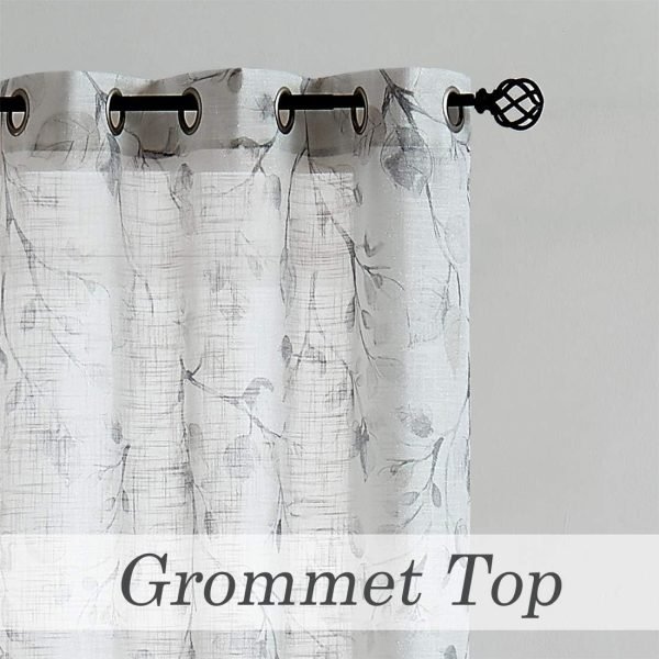 Gray Tan Leaf Floral Print Metallic Sheer Curtain Panels for Autumn Fall Rustic Living Room Bedroom Sparkling Decorative Grommet Top Window Treatment Farmhouse Drape, 40"x84"x2