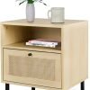Rattan Nightstand, End Side Table with 2 Rattan Drawers, Wood Square Bedside Table with Storage, Accent Sofa Table for Home Office Living Room Bedroom, White