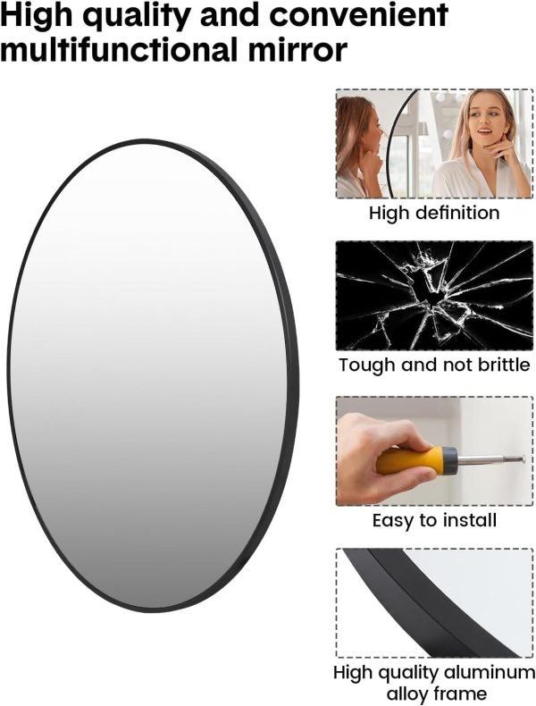 61VsVEc4CLL._AC_SL1500 2024 New HD Eco-Friendly Round Mirror, Metal Framed Bathroom Mirror, Modern Cute Circle Mirror, Wall Mirror for Bathroom, Vanity, Living Room, Easy to Install, Matte Black (24 Inch)