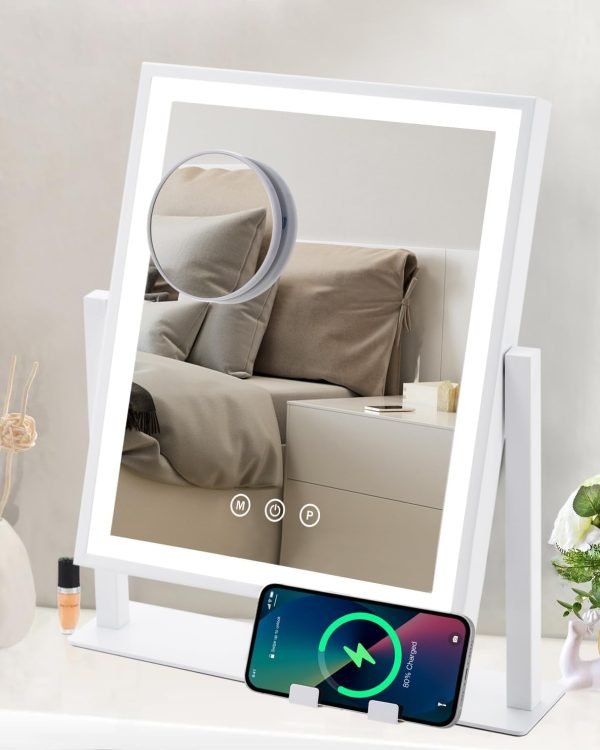Vanity Mirror with Lights, Hollywood Makeup Mirror with Lights Phone Holder, Smart Touch Control, 3 Color Lighting Modes with Detachable 10x Magnification Mirror, 360°Rotation, White