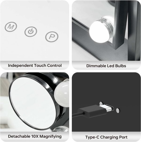 Hollywood Vanity Mirror with Lights 8 Dimmable Bulbs, 3 Color Light, Touch Control, LED Lighted Makeup Mirrors for Dorm, Detachable 10X Magnification Mirror Black