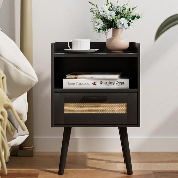 61_5HBpLx6L._AC_SL1500 Nightstand,Boho Bedside Table,Black Night Stand with Rattan Decorated Drawers,Bedside Furniture, Wood End Table for Bedroom,Living Room,Natural