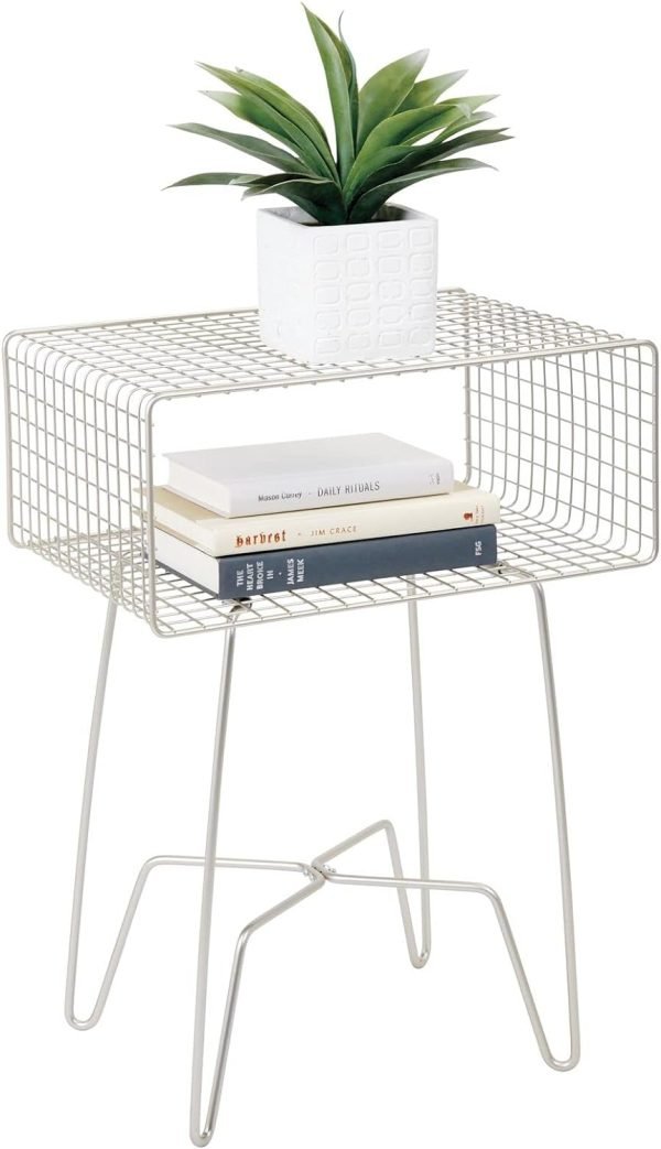 61bTu0l0BGL._AC_SL1500 Modern Industrial Side Table with Storage Shelf, 2-Tier Metal Minimal End Table, Metallic Caged Grid - Accent Furniture for Living Room, Bedroom, Office, Dorm, Concerto Collection, Satin