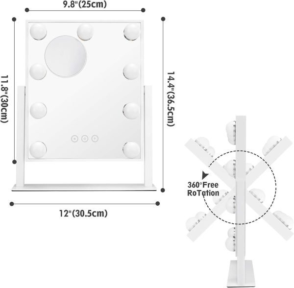 Vanity Mirror with Lights, Makeup Mirror with Lights,3 Color Lighting Modes Detachable 10X Magnification Mirror Touch Control,360°Rotation, White.