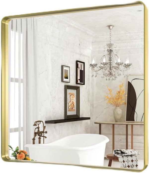 61lvuHAL4IL._AC_SL1500 22x30 Inch Bronze Bathroom Mirror for Vanity, Brushed Bronze Metal Frame Mirror for Wall, Rounded Rectangle Bronze Frame Mirror with Tempered Glass, Anti-Rust (Horizontal/Vertical)