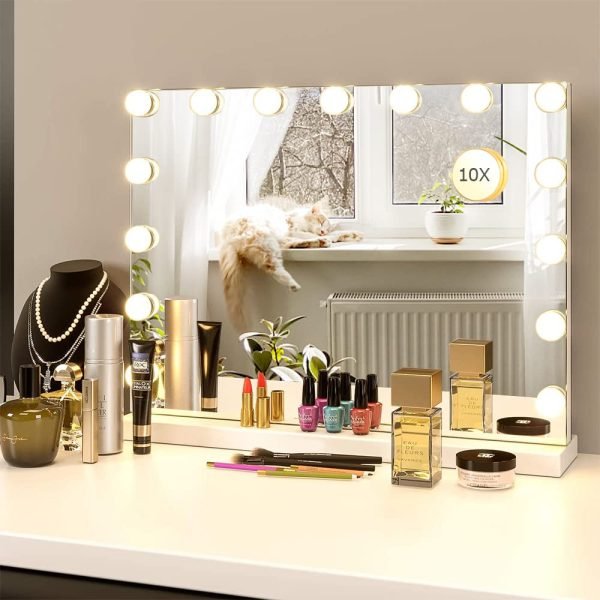 Vanity/Makeup Mirror with Lights,10X Magnification,Large Hollywood Lighted Vanity Mirror with 15 Dimmable LED Bulbs,3 Color Modes,Touch Control for Bedroom,Tabletop or Wall-Mounted