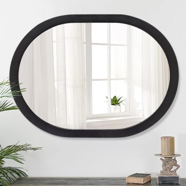 Large Oval Wood Mirror 26 x 18 Inch, Wall Framed Bathroom Mirror for Vanity Farmhouse Rustic White Mirror for Vanity Living Room Entryway Bedroom