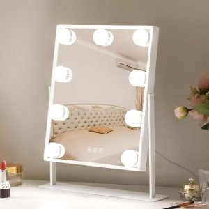 Vanity Mirror with Lights Hollywood Lighted Makeup Mirror with 9 Dimmable Bulbs & 3 Color Lighting Modes, Detachable 10X Magnification Mirror and 360 Degree Rotation(White)