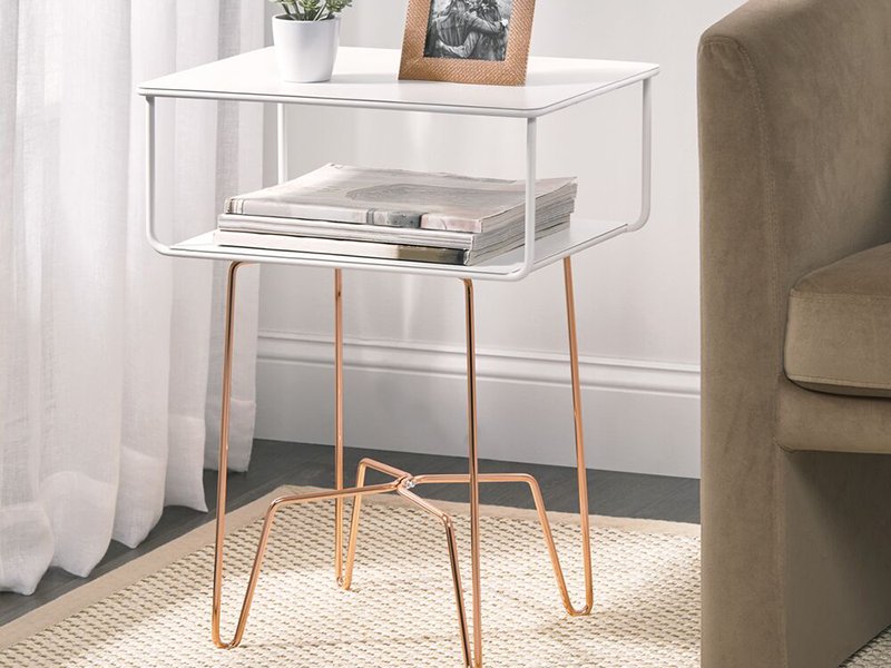 white and rose gold metal hairpin leg table with books, picture frame, and pant on table