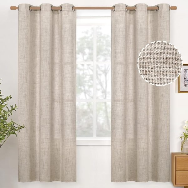 Natural Linen Curtains 63 Inch Length 2 Panels Bronze Grommet Linen Textured Short Window Drapes Light Filtering for Living Room Bedroom, 52 X 63 Inch