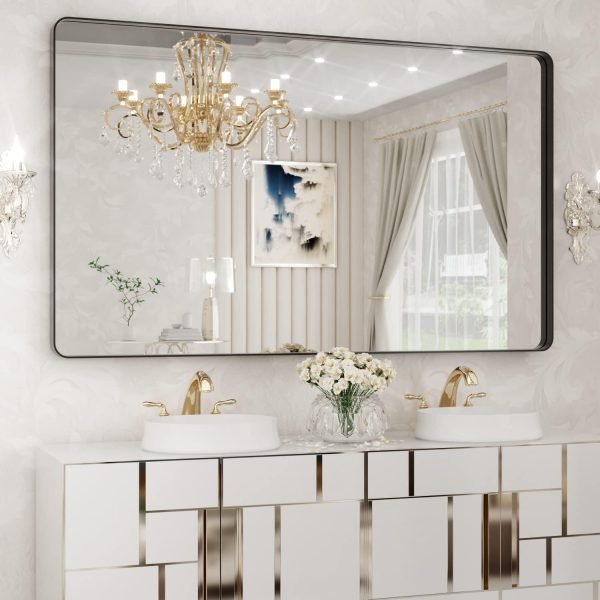 710vThkjtsL._AC_SL1500 22x30 Inch Bronze Bathroom Mirror for Vanity, Brushed Bronze Metal Frame Mirror for Wall, Rounded Rectangle Bronze Frame Mirror with Tempered Glass, Anti-Rust (Horizontal/Vertical)
