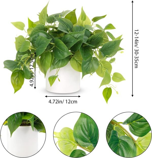 Faux Plants Indoor with Ceramic Pots, Artificial Small Fake Plants with Pothos for Home Decor Fake Potted Plant for Living Room Shelf Home Office Decor（White Ceramic Pot）