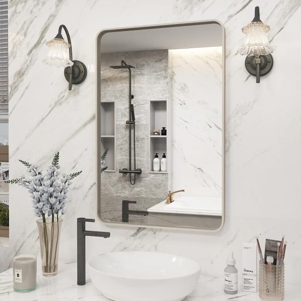 20x30 Silver Bathroom Mirror, Silver Wall Mirror for Vanity, Brushed Metal Framed Rectangle Mirror, Anti-Rust, Brushed Nickel,Shatterproof, Round Corners(Horizontally/Vertically)