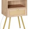 Nightstand with Charging Station, Side Table with Rattan-Like Decor Drawer, Rattan End Table with Open Storage, Bedside Table for Bedroom, Study Room, Black BB92UBZ01