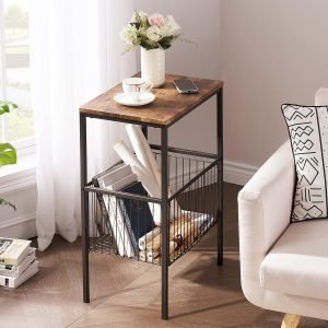 Tall Side End Table,Nightstands Shelf Storage Organizer with Versatile Metal Basket for Telephone Entryway/Living Room/Bedroom/Kitchen,31" H, 1 Set, Rustic Brown
