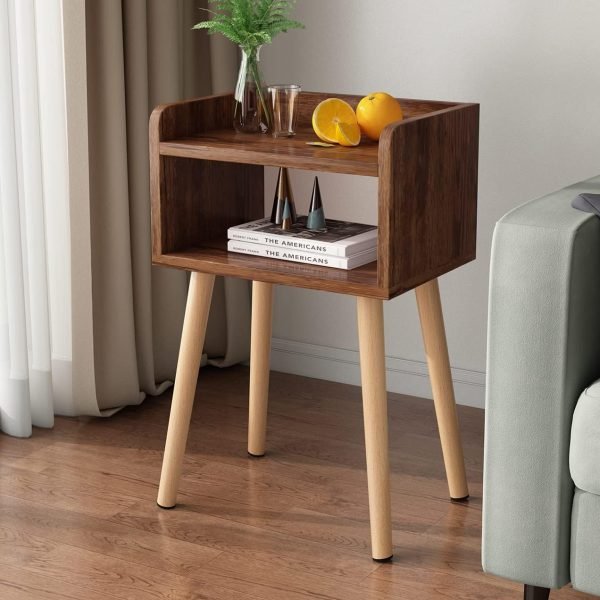 Nightstand, Mid-Century Modern Bedside Table with Solid Wood Legs, Adorable and Practical End Side Table with Open Storage Shelf, Fashion Bedroom Furniture Rustic Brown.