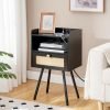 Nightstand with Charging Station, Side Table with Rattan-Like Decor Drawer, Rattan End Table with Open Storage, Bedside Table for Bedroom, Study Room, Black BB92UBZ01