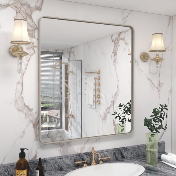 20x30 Silver Bathroom Mirror, Silver Wall Mirror for Vanity, Brushed Metal Framed Rectangle Mirror, Anti-Rust, Brushed Nickel,Shatterproof, Round Corners(Horizontally/Vertically)
