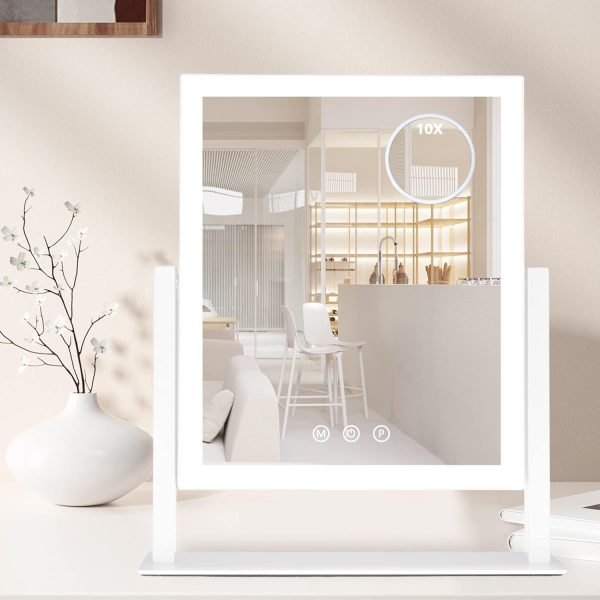 Hollywood Vanity Mirror with Lights, Lighted Vanity Mirror with Detachable 10X Magnification Mirror, 3 Colors, 1200mAh Rechargeable Standing Makeup Mirror with Lights White